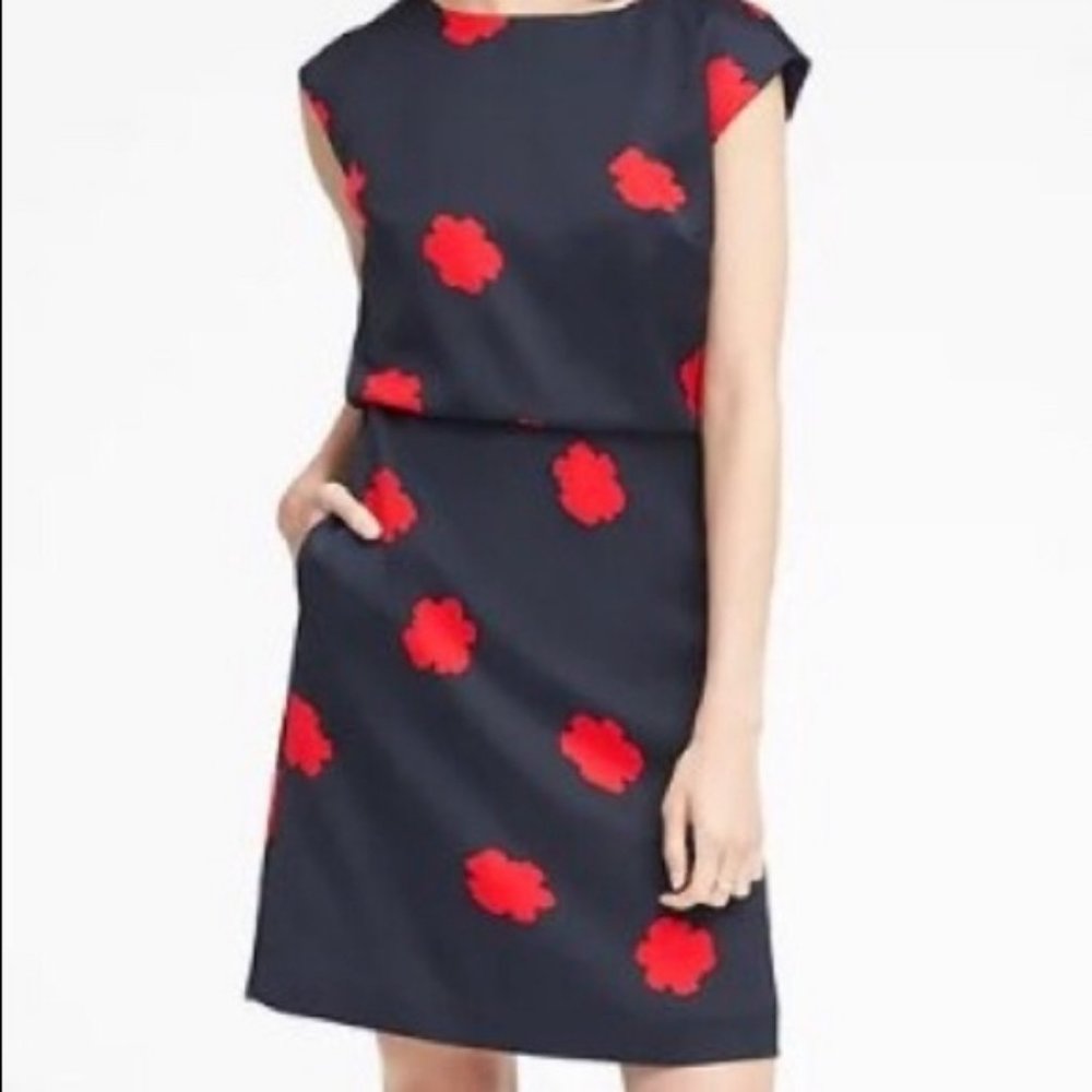 Beautiful Navy Sheen Dress with Red Poppy Design